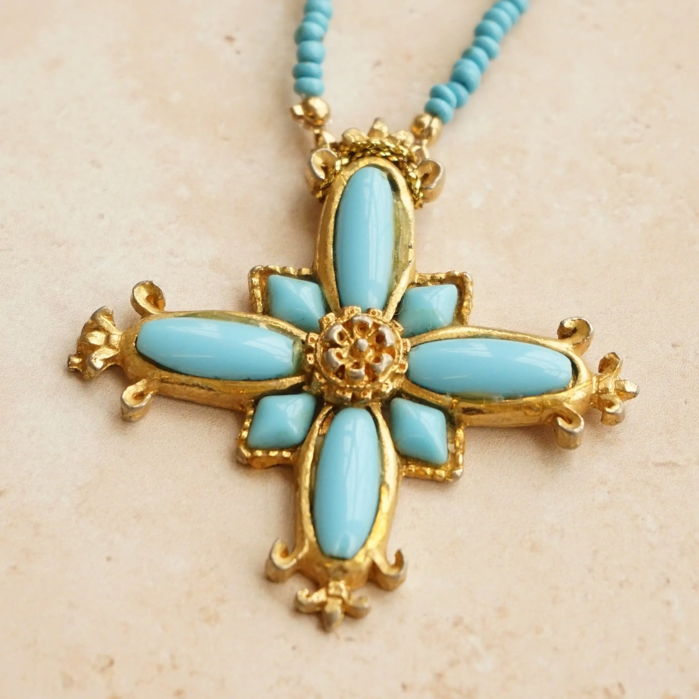 Vintage Turquoise Beaded Cross Necklace