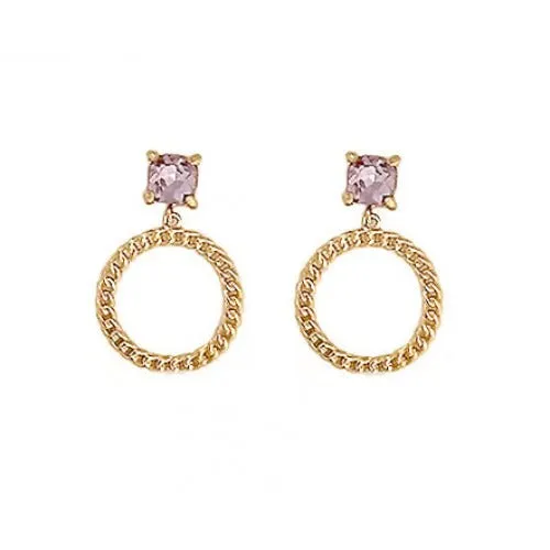 Violet Glass Stone Round Brass Chain Style Hoop Earrings