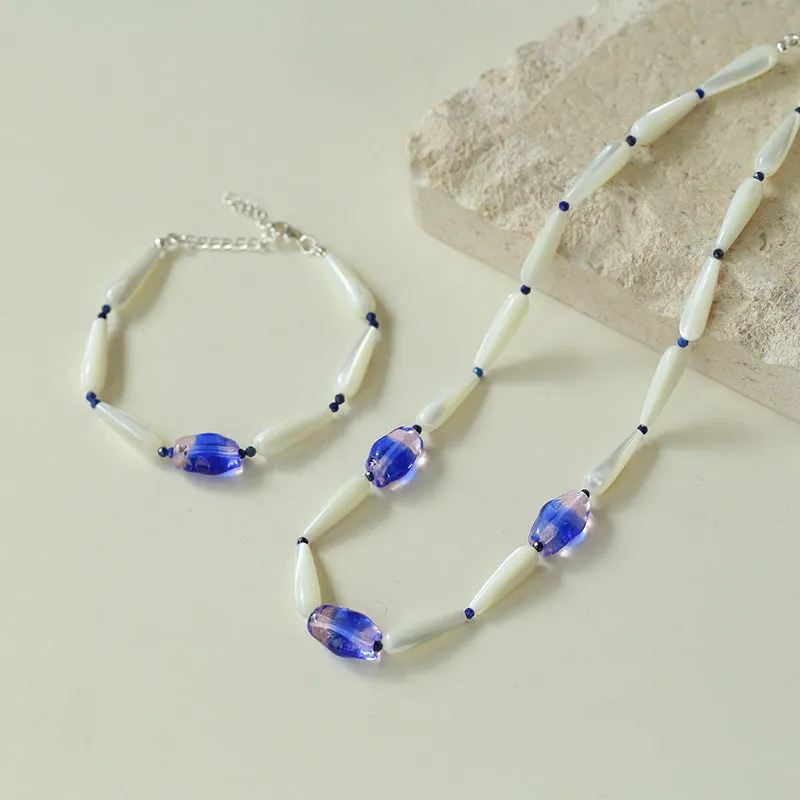 White Pearl Blue Crystal Necklace & Bracelet Set